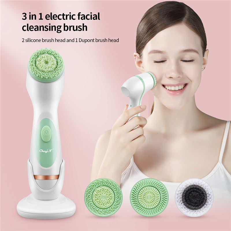 CkeyiN 3 em 1 Escova de limpeza facial elétrica rotativa de silicone com limpeza profunda na pele, peeling cleanser esfoliação 50